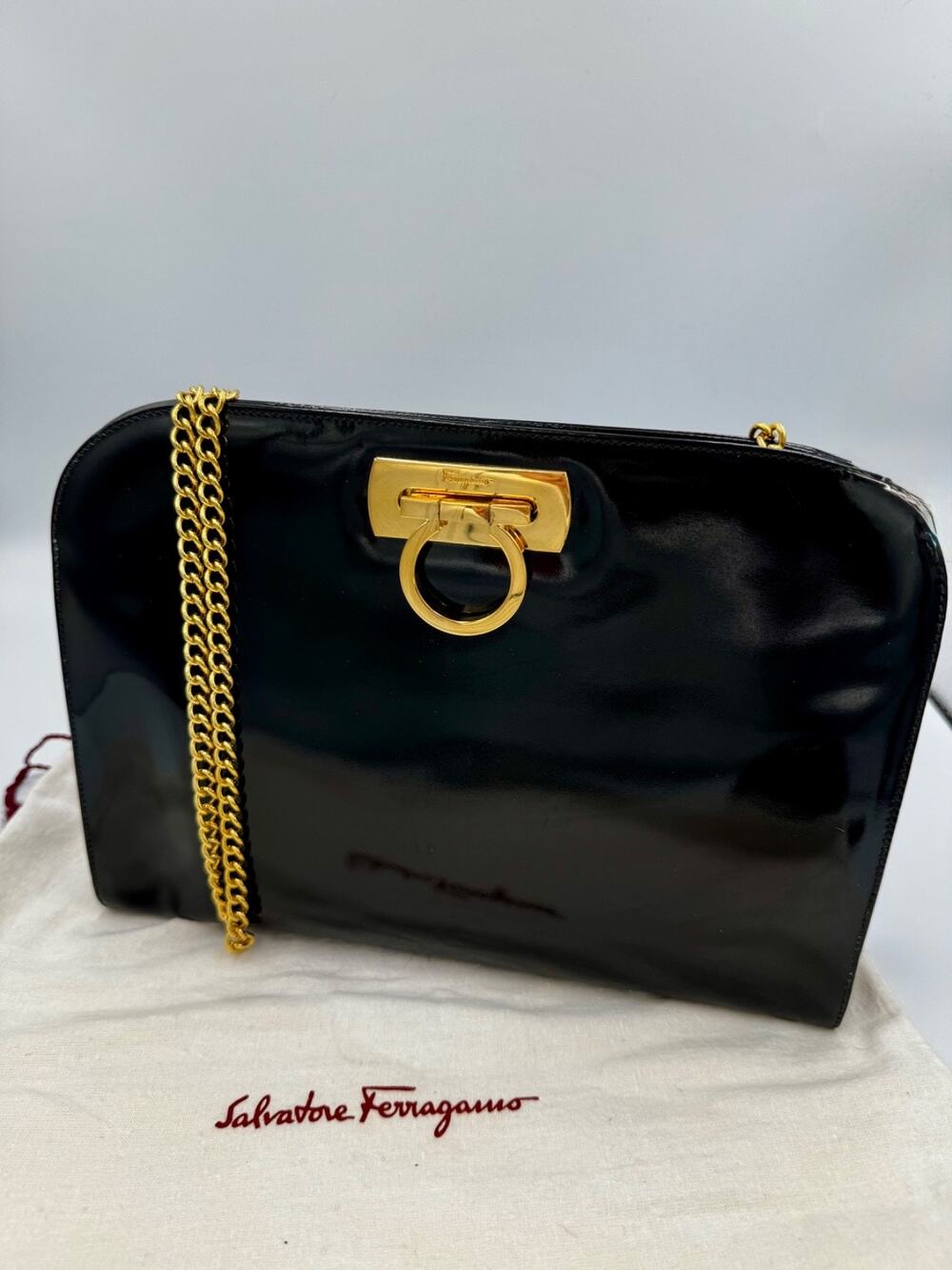 Auth Salvatore Ferragamo Gancini Chain Shoulder Bag Black Patent Leather Vintage